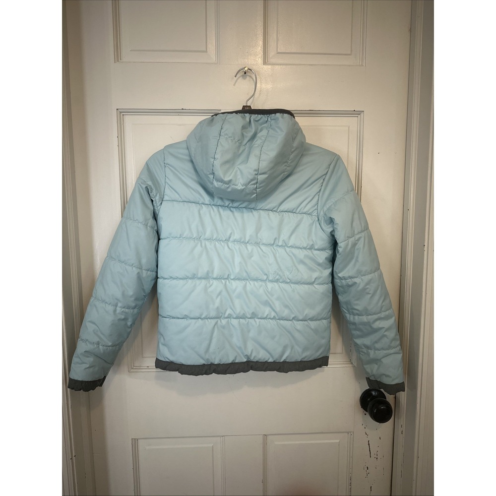 THE NORTH FACE REVERSIBLE PERRITO HOODED GIRLS JACKET Sz Medium 10/12 Grey/Blue - Picture 9 of 16